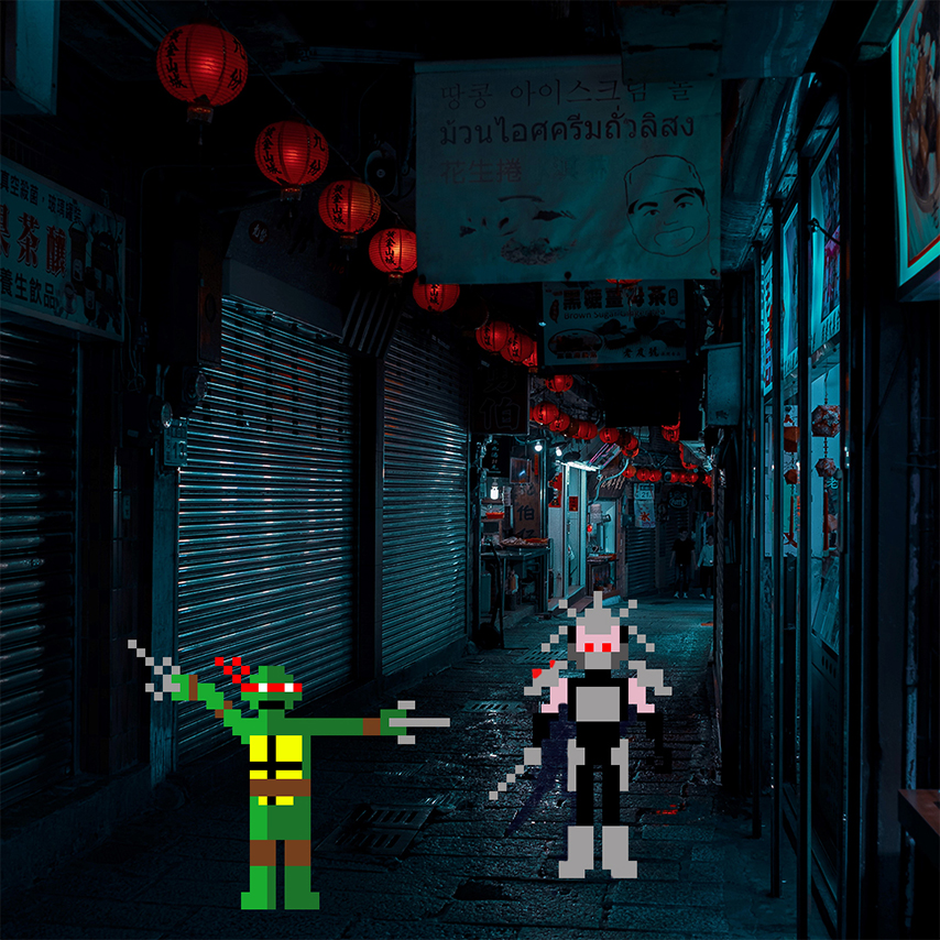 Pixel Art Teenage Mutant Ninja Turtles on Photograph Background